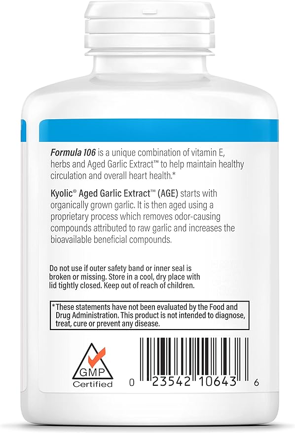 Kyolic Aged Garlic Extract Formula 106, Circulation Health, 300 Capsules (Packaging May Vary)