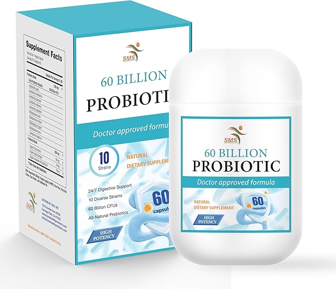 Probiotics 60 Billion CFU - 10 Strains + Organic Prebiotics - Immune, Digestive & Gut Health - Supports Occasional Constipation, Diarrhea, Gas & Bloating - for Women & Men - 60 ct