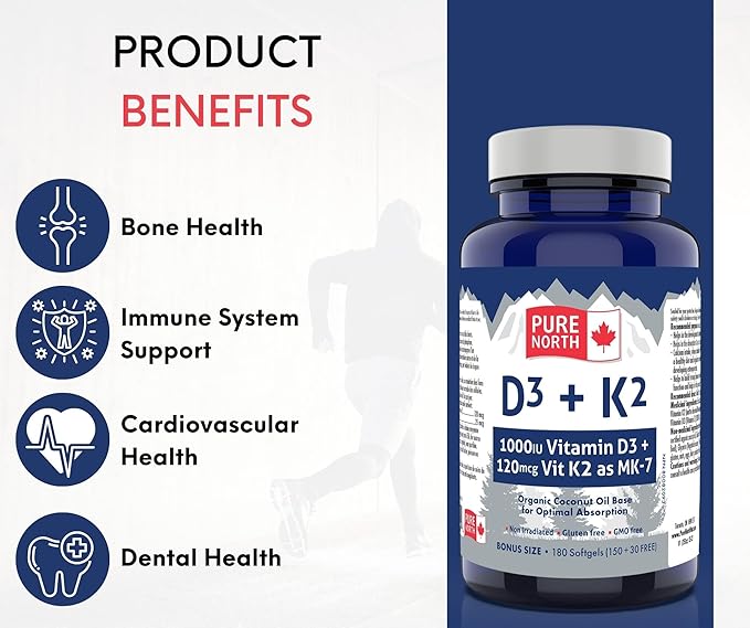 D3 + K2 Vitamin Supplement 180 Softgels - 6 Months Support, D3 1000IU + K2 MK7 120mcg with Organic Coconut Oil for Optimal Absorption - 3rd Party Tested & Proudly Canadian