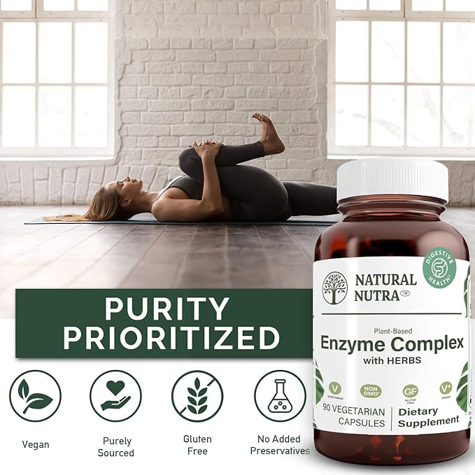 Natural Nutra Plant Based Digestive Enzyme Complex with Herbs, Better Digestion and Improve Nutritional Absorption, Provides Natural Gas Comfort, Helps Prevent Bloating, 90 Vegan Capsules
