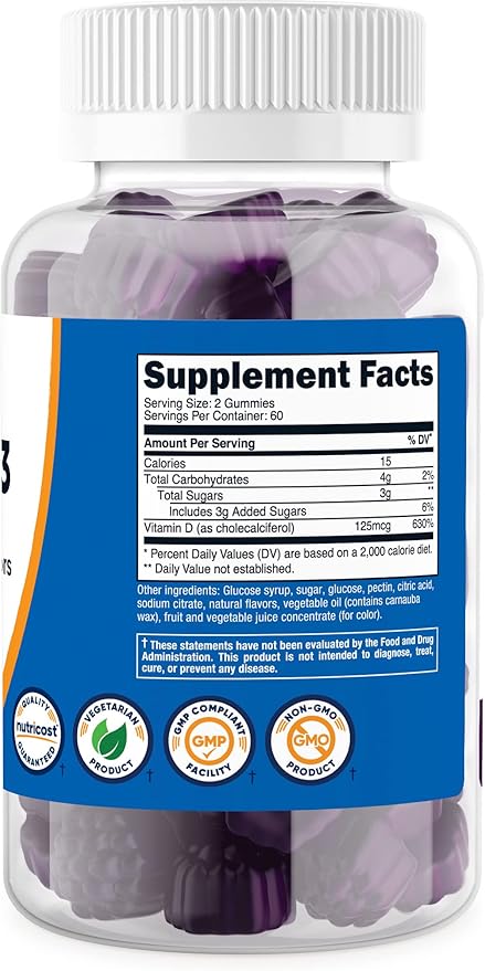 Nutricost Vitamin D3 Gummies 5,000 IU (125mcg), 120 Gummies - Mixed Berry Flavored, 60 Servings