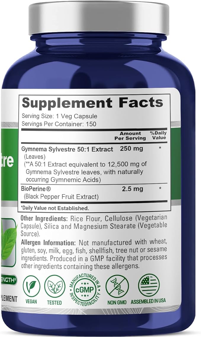 NusaPure Gymnema Sylvestre 50:1 Extract, 250 mg Equivalent to 12,500mg Per Vegan Caps - 150 Count (Non-GMO, Vegan, Bioperine)