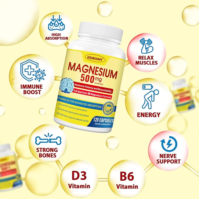 ZEBORA Magnesium Complex Supplement 500mg, 10 in 1 Chelated Magnesium - Magnesium Glycinate, Citrate, Malate, Plus More, with Vitamin D3 & Zinc for Nerve, Muscle & Bone Support, Vegan 99 Capsules