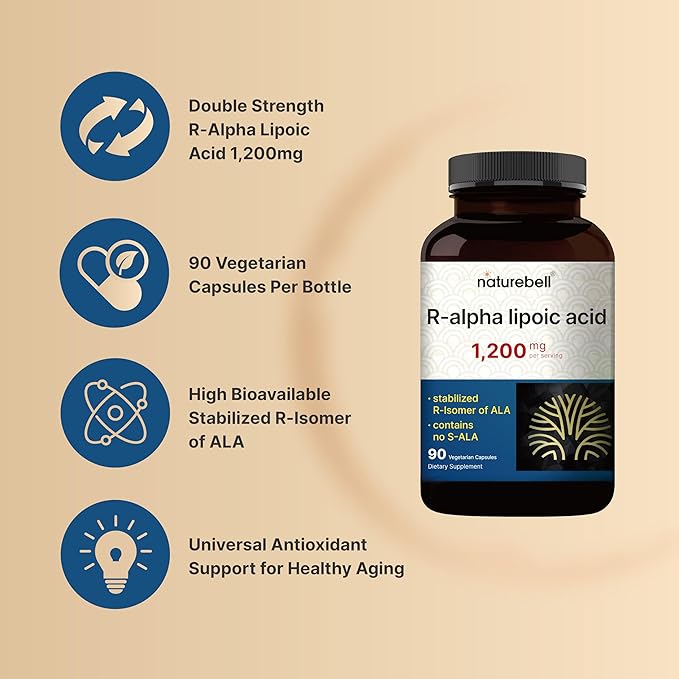 NatureBell R Alpha Lipoic Acid 1,200mg Per Serving, 90 Veggie Capsules | Stabilized R-ALA for Better Absorption – Max Potency – Healthy Aging Antioxidant Supplement – Contains No S-ALA – Non-GMO