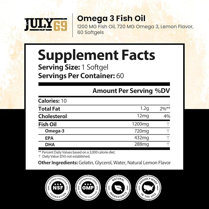 Omega 3 Fish Oil - 1200 MG Fish Oil, 720 MG Omega 3, Lemon Flavor, 60 Softgels, Natural EPA-DHA Softgels for Strength & Health, High Potency, Support for Women & Men