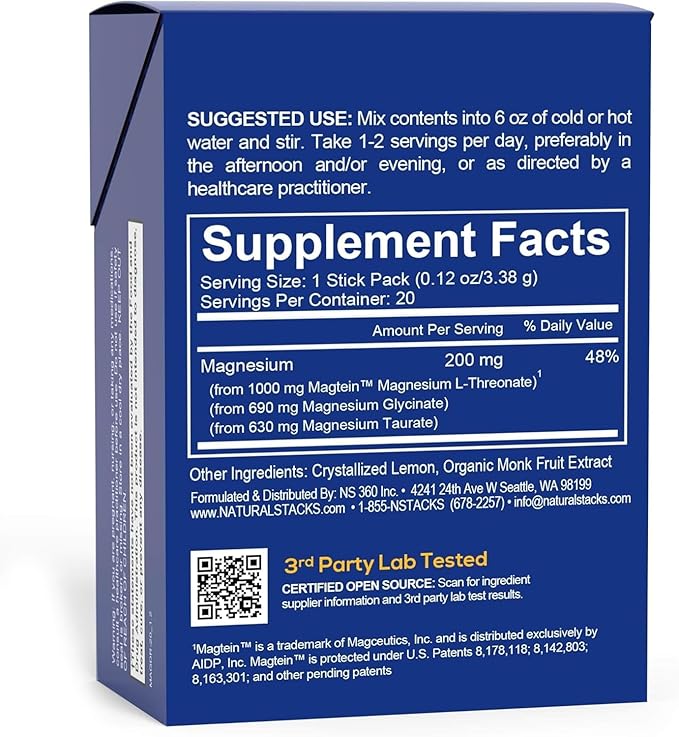MagTech Magnesium Drink Mix Lemonade - 3 Forms of Magnesium: Magtein L-Threonate, Glycinate & Taurate - 200mg Chelated Magnesium Complex - Supports Relaxation & Brain Health* - 20 Stick Packs