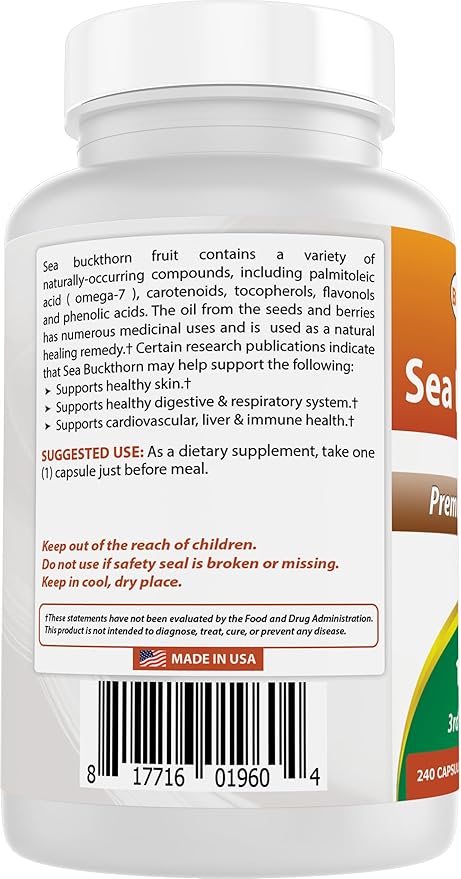 Best Naturals Sea Buckthorn Oil Powder Extract 10:1 500 mg 240 Capsules - Non-GMO, Gluten Free - Contains Naturally Occuring Omega-7 Palmetoleic Acid