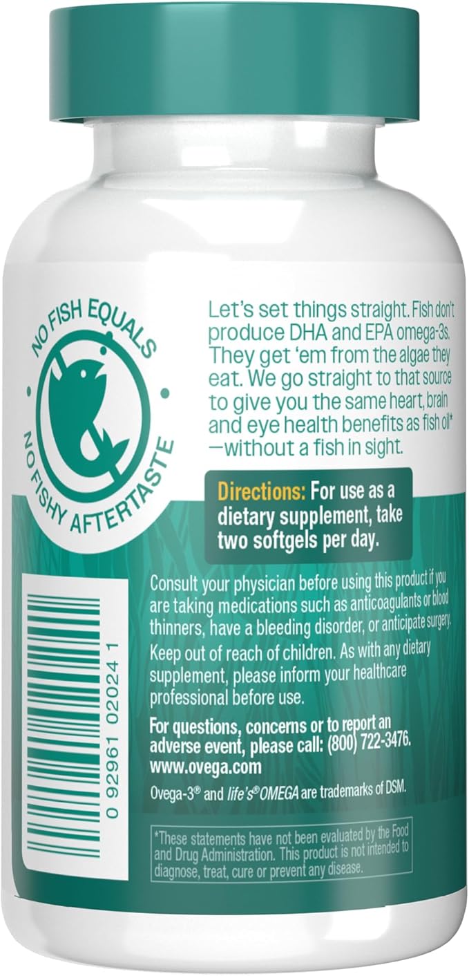 OVEGA-3 Plant-Based Omega-3 from Algal Oil Daily Supplement, 500mg, Supports Brain, Eye & Heart Health, Two mini softgels per Day, 60 Count