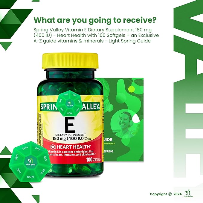 Vitamin E 180 mg (400 IU) 100 Softgels with Bundle Exclusive Vitamins & Minerals - A to Z - Better Ligth&Spring Guide + Weekly Pill Organizer (3 Items)