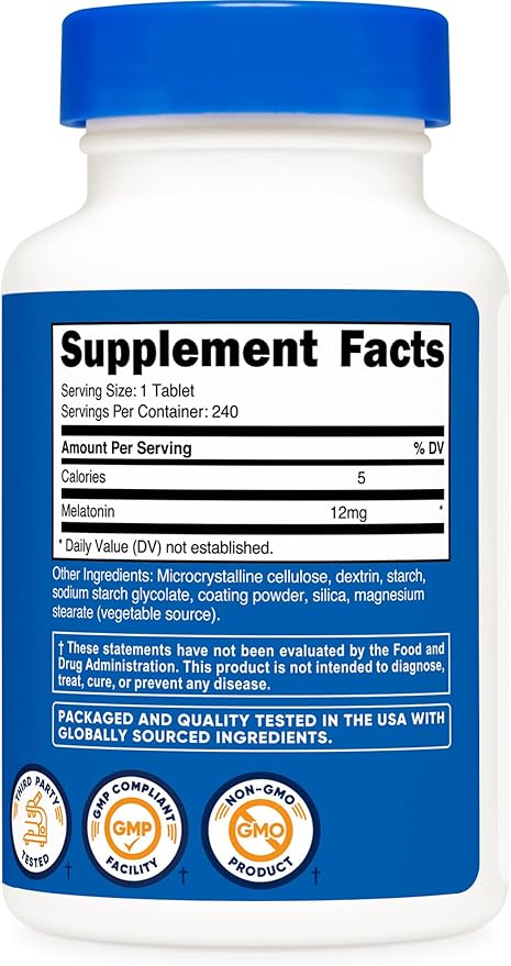 Nutricost Melatonin 12mg, 240 Tablets - 12mg Per Serving, Non-GMO, Gluten Free