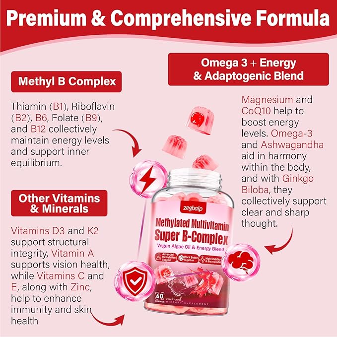 Methylated Multivitamin with B Complex for Women - Daily Vitamin B1, B2, B6, B12, Folate, C & Magnesium with Omega 3 - Supports for Energy Immune - Gluten-Free & Sugar-Free