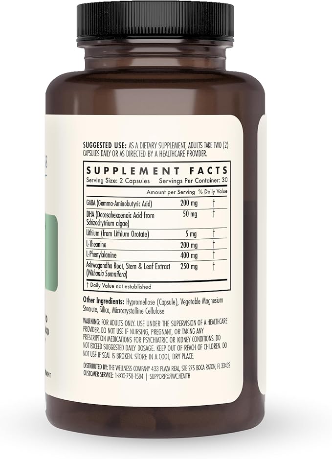 The Wellness Company Mind Lift | 60 Capsules (1 Month Supply) | Supports Healthy Mood with Lithium, Ashwagandha, DHA, and GABA | Non-GMO, Gluten-Free | Stress Management and Cognitive Support