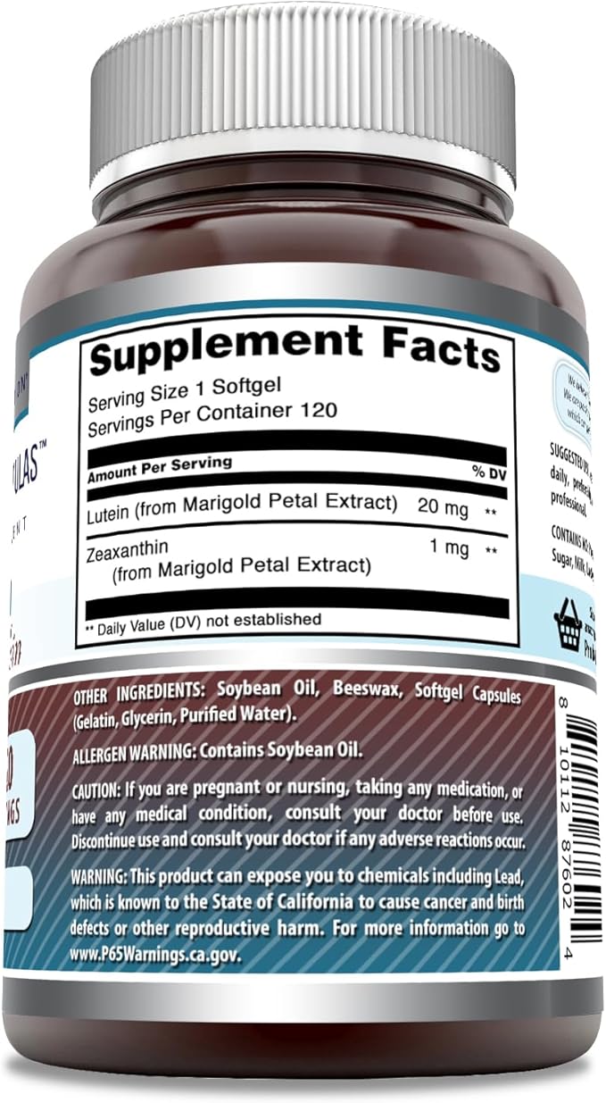 Amazing Formulas Lutein 20 mg with Zeaxanthin 800 mcg | Softgels Supplement | Non-GMO | Gluten Free | Made in USA (120 Count)