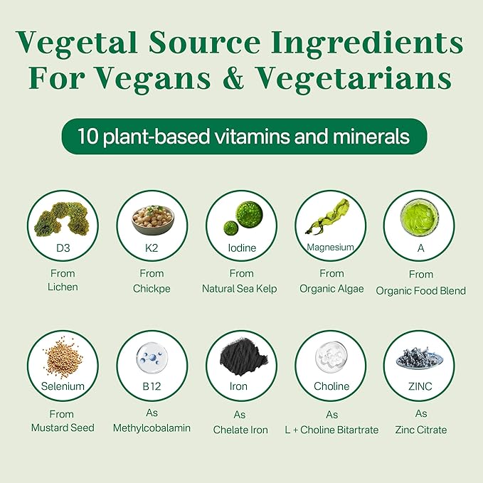 Vegan Multivitamin for Women & Men with Methyl Vitamin B12, D3 K2, Plant Based Omega 3 (DHA+EPA), Iron, Choline, Zinc, Whole Food Daily Vitamins Gummies for Vegans & Vegetarians, Sugar Free, 60 Counts