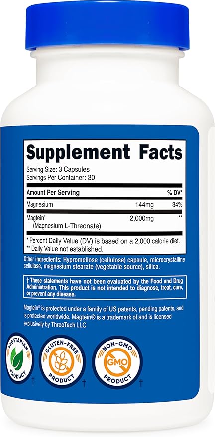 Nutricost Magtein Magnesium L-Threonate 2,000mg, 90 Capsules - Gluten Free, Vegetarian, 30 Servings
