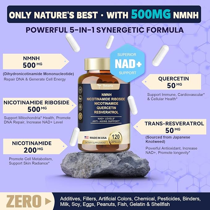 NMNH (Dihydronicotinamide Mononucleotide), NMNH Supplement w/Niacinamide (Vitamin B3), Quercetin, Trans-Resveratrol, Support NAD+, Skin Cell Health*, Anti-Aging & Energy, 120 Caps