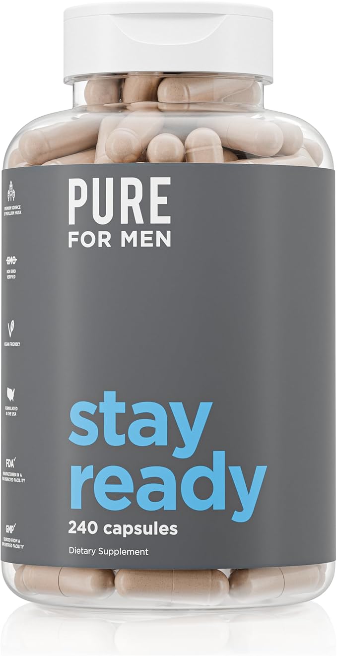 Pure for Men Original Cleanliness Stay Ready Fiber Supplement | Helps Promote Digestive Regularity | Psyllium Husk, Aloe Vera, Chia Seeds, Flaxseeds | Proprietary Formula | 60 Vegan Capsules