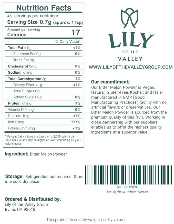 LILY OF THE VALLEY Bitter Melon Powder (Karela Powder) - Ideal for Smoothies & Shakes - Momordica Charantia - Healthy Lifestyle - Vegan & Gluten-Free - Packed in Resealable Pouch (8oz)