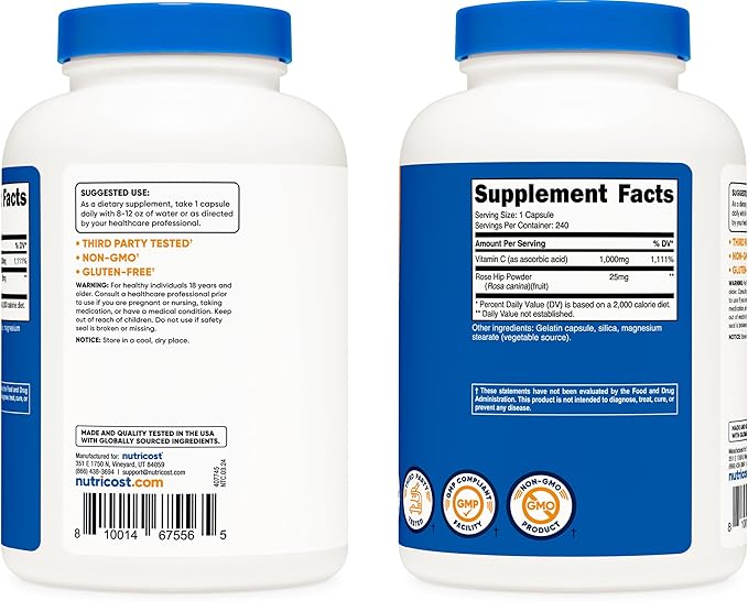 Nutricost Vitamin C with Rose HIPS 1025mg, 240 Capsules - Vitamin C 1,000mg, Rose HIPS 25mg, Premium, Non-GMO, Gluten Free Supplement