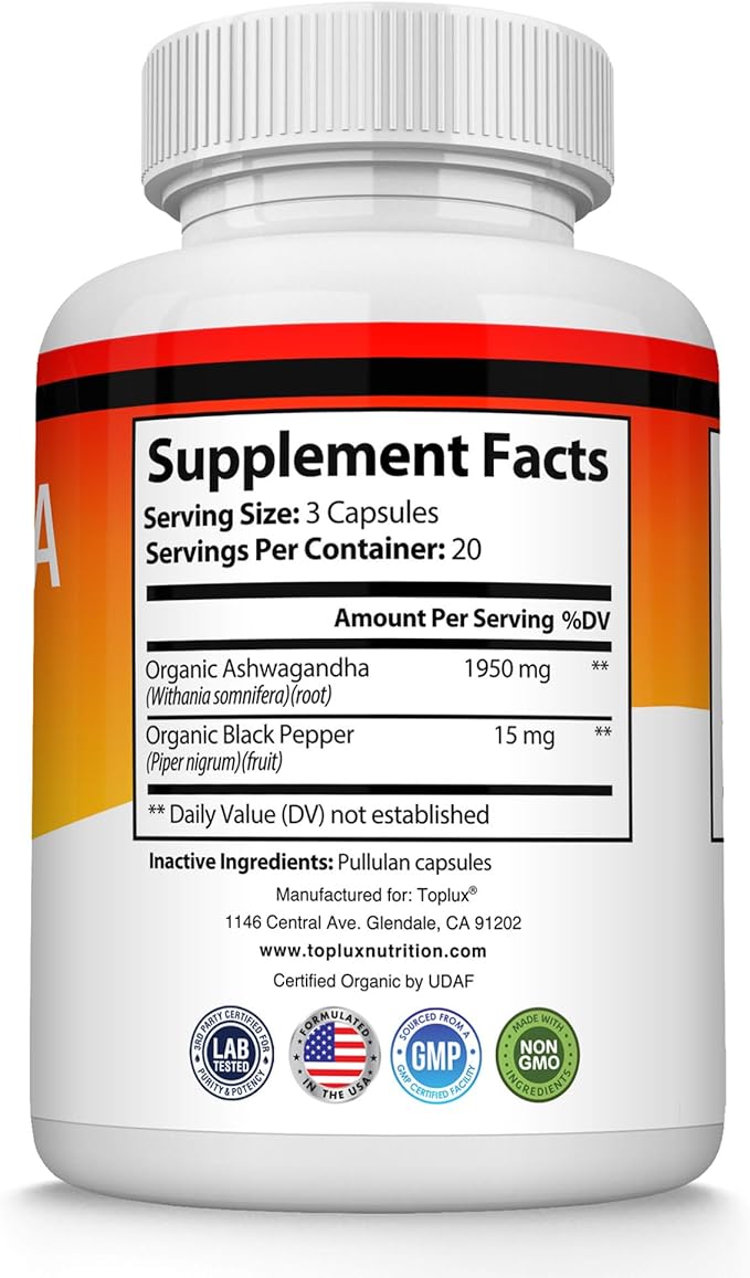 Organic Ashwagandha Root Powder Pills 1950 Mg with Black Pepper Extract - Pure Natural Ashwagandha Supplement, Support Energy, for Men Women, 60 Capsules