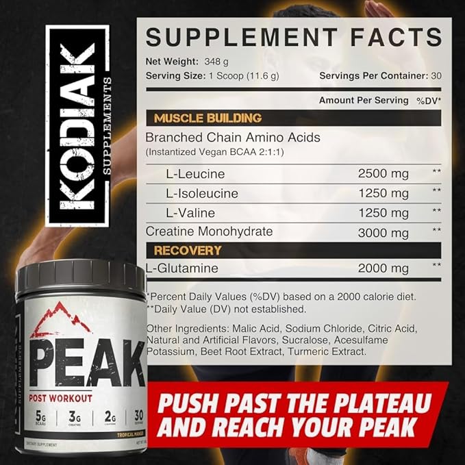Creatine 3G Peak Post Workout Recovery Powder - 5G BCAA 2:1:1 - Glutamine 2G - Creatine Monohydrate Muscle and Strength Building Supplement - 30 Servings - Tropical Mango