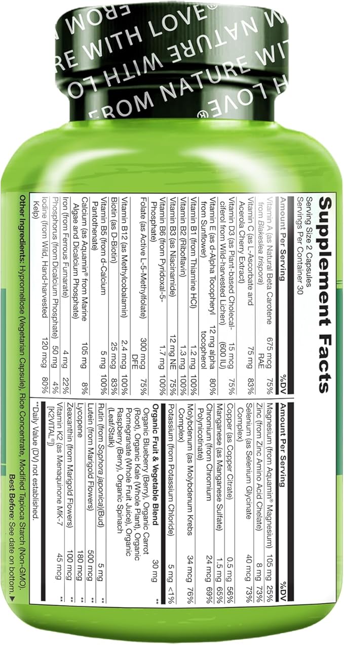 NATURELO Teen Multivitamin - Whole Food Multivitamin - with Minerals for Teenage Boys & Girls - Supplement for Active Kids - Non-GMO - Vegan & Vegetarian - 60 Capsules