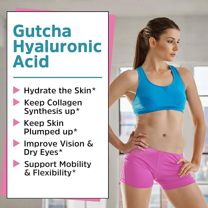 Gutcha Hyaluronic Acid, Ultra Strength with Vitamin C, Low Molecular Weight, High Stability & Bioavailability, Anti-Aging Formula for Skin & Eyes, Vegan, Once Daily, Non-GMO, 120 Caps