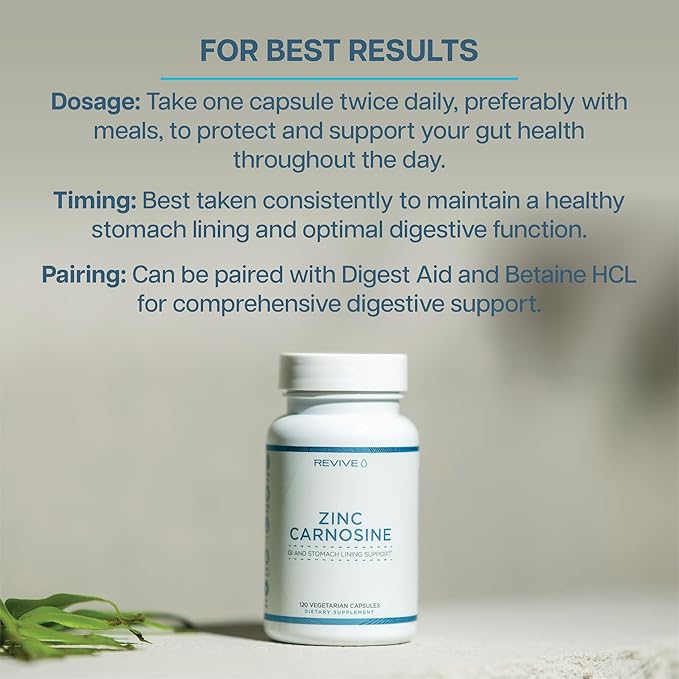 Revive MD Zinc Carnosine Supplement for Men & Women - Zinc & L-Carnosine to Support GI, Stomach Lining & Immune Health - Digestive Health Supplements Supports a Healthy Gut - 120 Vegetarian Capsules