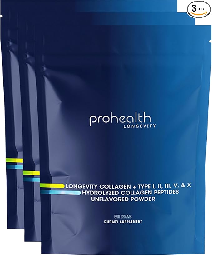 ProHealth Longevity Collagen Peptides Powder - for People Over 40. 20g Multi Collagen. 2g Pro-Collagen. Hyaluronic Acid. Type I, II, III, V, X for Joints, Bones, Hair, Skin, Muscles, Gut - (3 Pack)