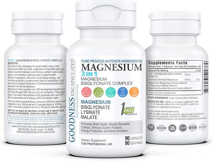 Magnesium 3 in 1 Bisglycinate Complex, from GOODNESS ENCAPSULATED.