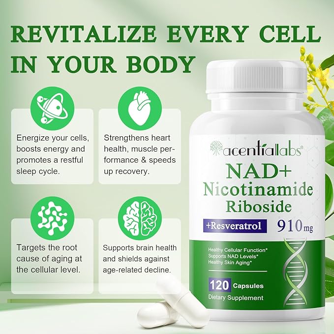 NAD+ Supplement, 910mg Per Serving Complex with Resveratrol, Quercetin, Nicotinamide Riboside Alternative, NAD Booster Natural Energy, Longevity, and Cellular Health, 120 Capsules