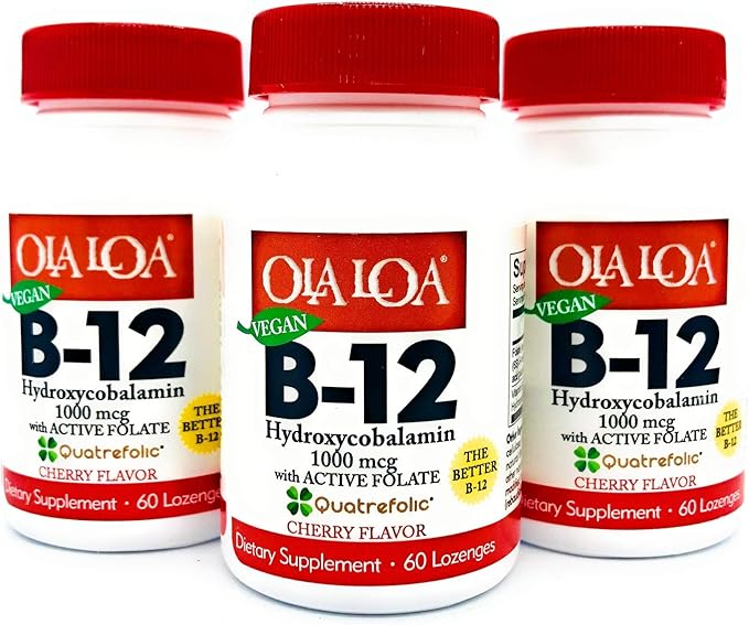 Ola Loa Vitamin B12 Sublingual Cherry Dietary Supplement - HydroxyCobalamin, Active Folate, Vegan Formula - Promote Your Body's Energy, Nerve, and Brain Support - 60 Tablets