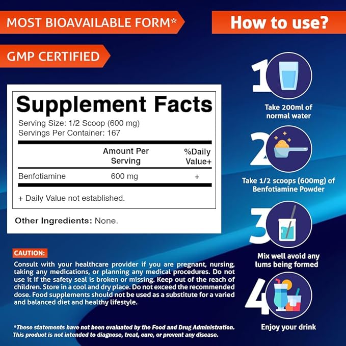 Vitamatic Benfotiamine Pure Powder 600 mg per Serving - 100 Grams - Also Called Fat Soluble Vitamin B1