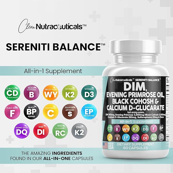 Clean Nutraceuticals DIM Evening Primrose Black Cohosh Calcium D-Glucarate Sulforaphane Flax Seed Extract - Hormonal Support Vitamins for Women with Dong Quai - 60 Caps