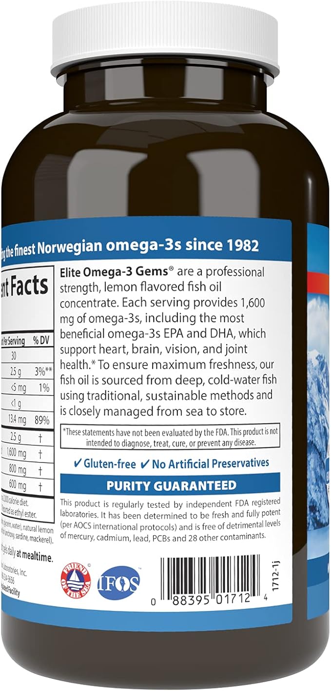 Carlson - Elite Omega-3 Gems, 1600 mg Omega-3s, Heart, Brain & Vision Support, Wild Caught, Orange, 180 soft gels