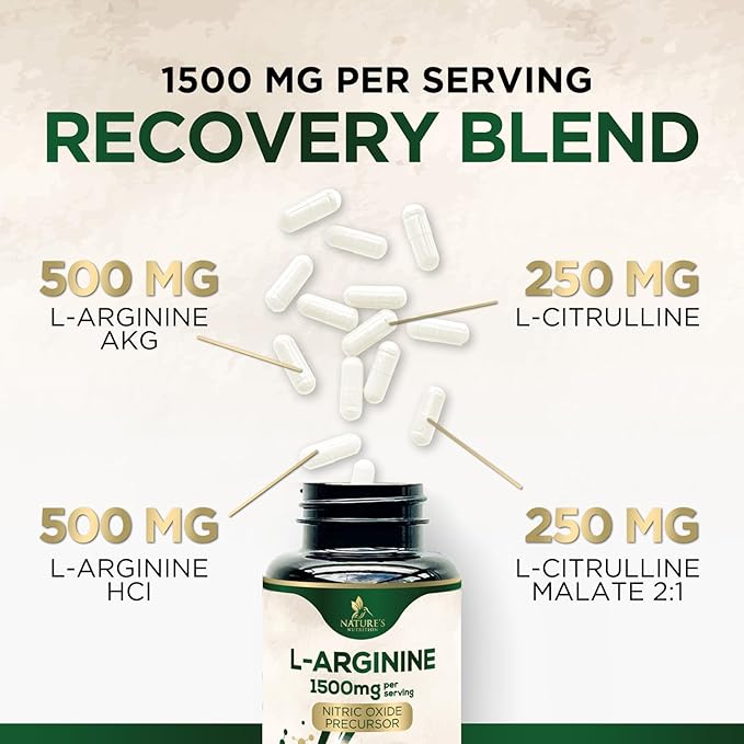 L-Arginine Supplement 1000mg - Heart Health Support - Premium Muscle Supporting Nitric Oxide Precursor Booster for Extra Strength - Gluten Free, Amino Acid Energy Blend For Men - 60 Capsules
