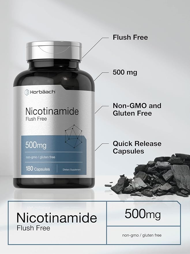 Horbäach Nicotinamide 500mg | 180 Capsules | Flush Free Dietary Supplement | Non-GMO and Gluten Free Vitamin