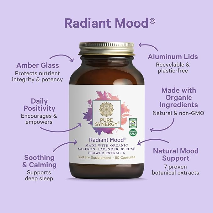Pure Synergy Radiant Mood | Natural Mood and Sleep Supplement with Organic Saffron | with Saffron, Lemon Balm, and Magnolia Bark | for Sleep, and Stress Support (60 Capsules)