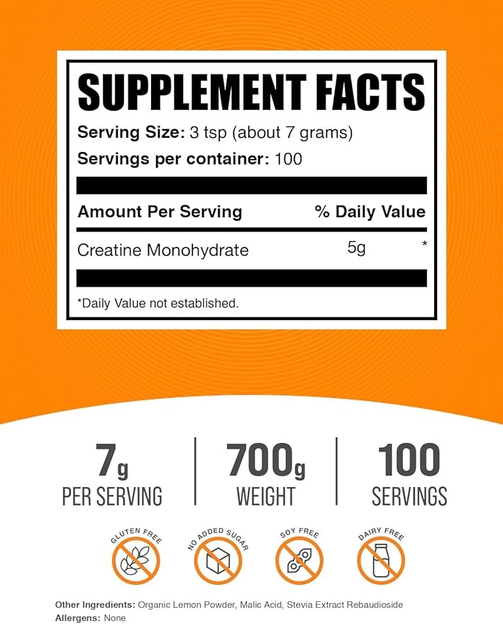 BulkSupplements.com Creatine Monohydrate Powder - Creatine Supplement, Micronized Creatine, Creatine Powder - Lemon Italian Ice, 5g (5000mg) per Servings, 700g (1.5 lbs) (Pack of 1)