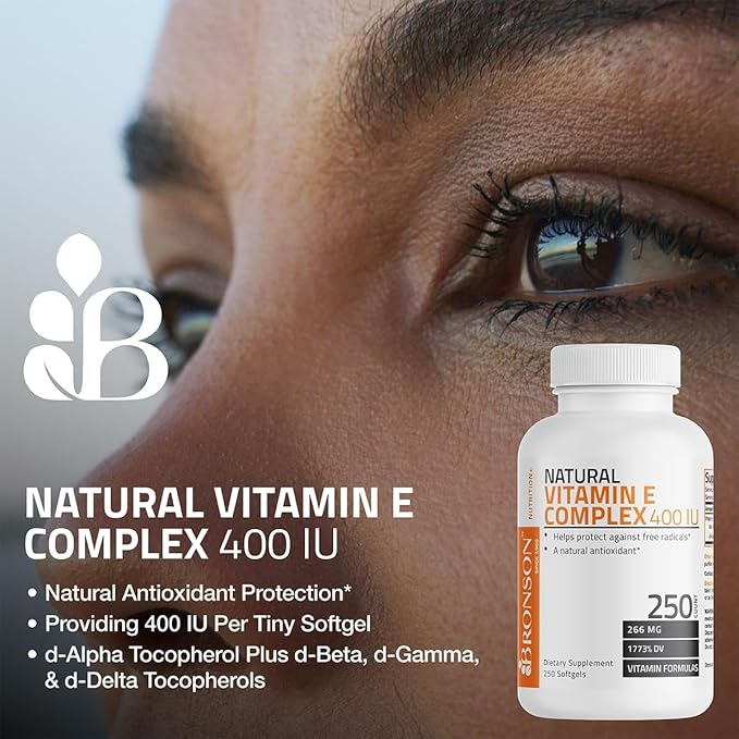 Bronson Natural Vitamin E Complex 400 I.U. Supplement (d-Alpha Tocopherol Plus d-Beta, d-Gamma, & d-Delta Tocopherols), Natural Antioxidant, 100 Softgels