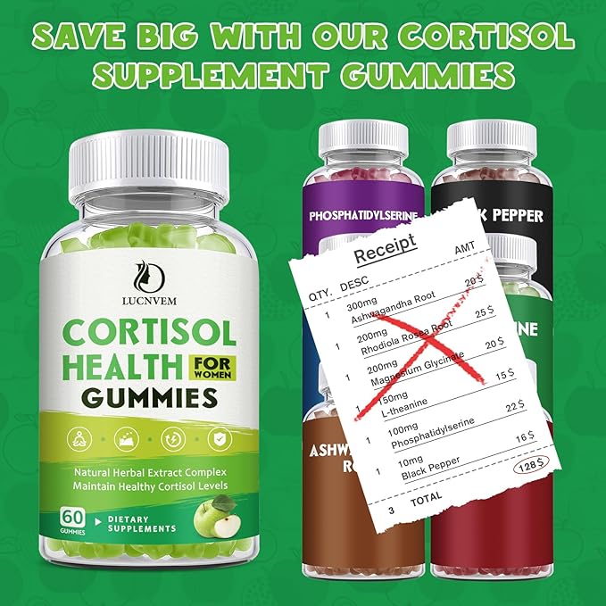 Cortisol Supplements Gummies for Women, Magnesium Ashwagandha Rhodiola Rosea and L-theanine Complex for Women, Maintain Healthy Cortisol Levels - 60 Day Vegan Supply
