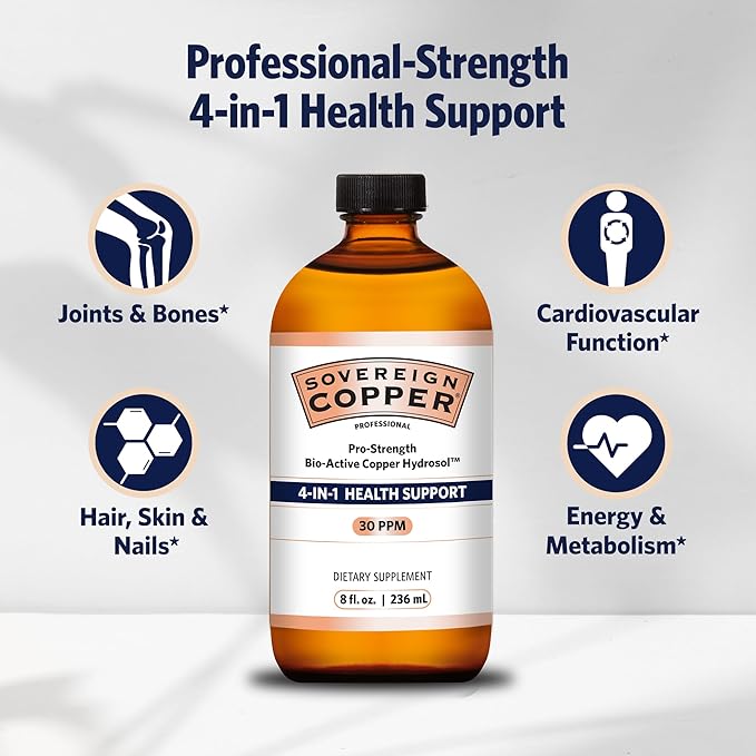 Sovereign Copper Pro-Strength Copper Hydrosol – Bio-Active Liquid Copper Supplements for 4-in-1 Health Support – 8 fl oz
