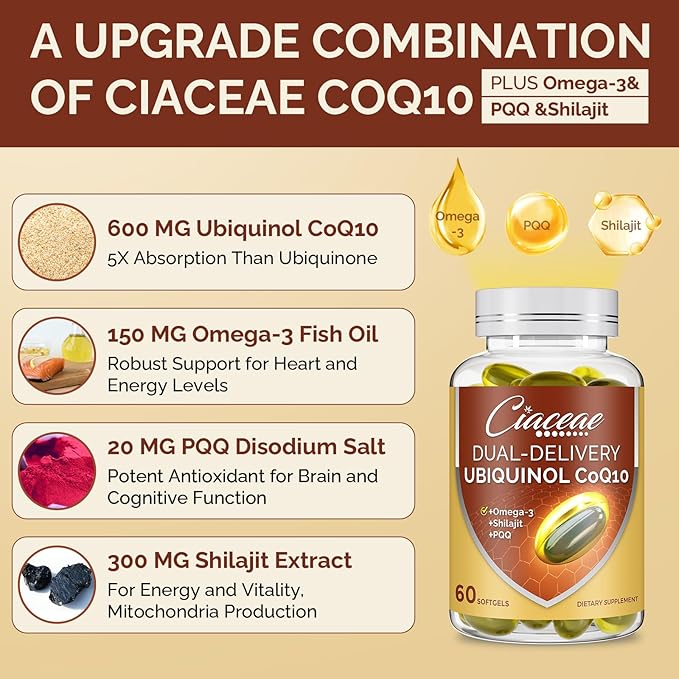 Ubiquinol CoQ10 600 MG Softgels with Omega-3 & Shilajit & PQQ, Advanced Dual-Delivery Coenzyme-Q10, Active CoQ10 Ubiquinol Supplement for Fertility, Antioxidant, Heart, Brain & Energy, 240 Servings