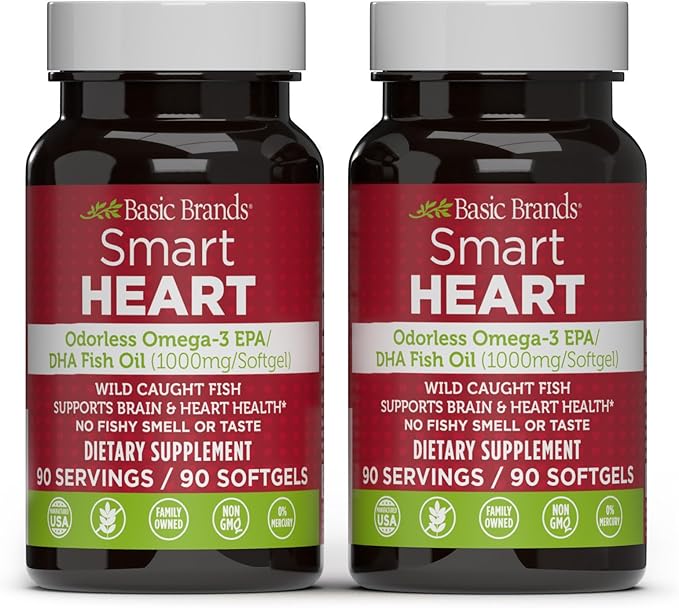 Smart Heart Odorless Omega-3 Fish Oil 1000mg - Triple Strength EPA & DHA, Non-GMO, Heart & Cognitive Support - 90 Burpless Softgels - 2-Pack
