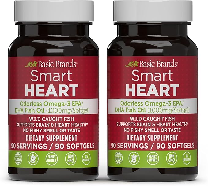 Smart Heart Odorless Omega-3 Fish Oil 1000mg - Triple Strength EPA & DHA, Non-GMO, Heart & Cognitive Support - 90 Burpless Softgels - 2-Pack