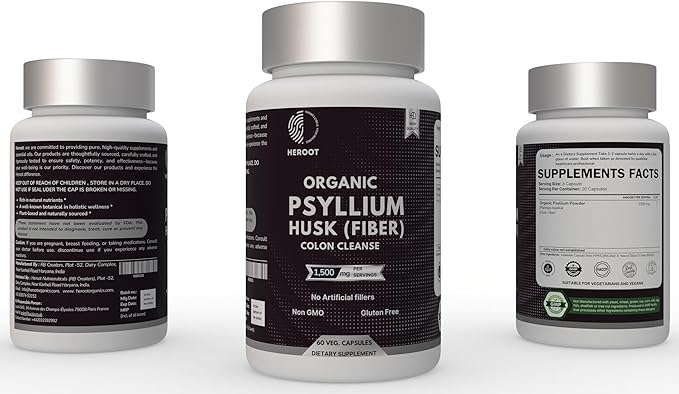 Psyllium Husk Fibre Capsules 1000mg (60 Caps) – Natural Digestive Supplement, unflavored, Gluten-Free, Non-GMO, Wheat & nut Free. Serving Size: 2 Capsules. for Men & Women.