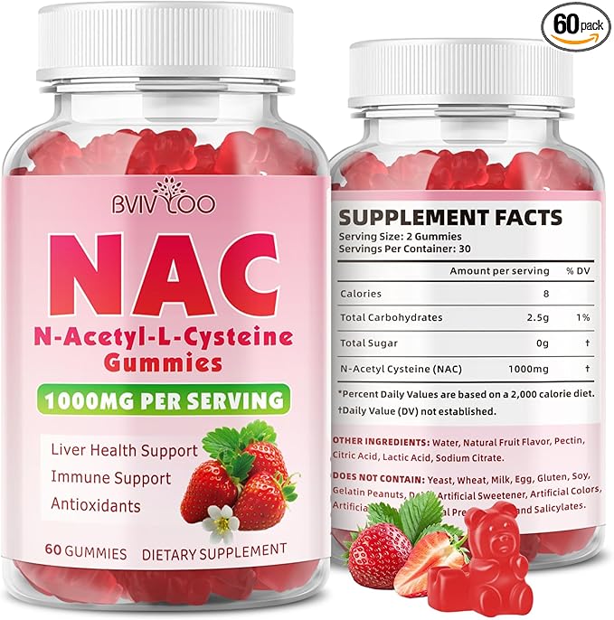 Sugar-Free 1000mg NAC Gummies, N-Acetyl Cysteine Supplement for Antioxidants & Immune Support, 60 Vegan Gummies