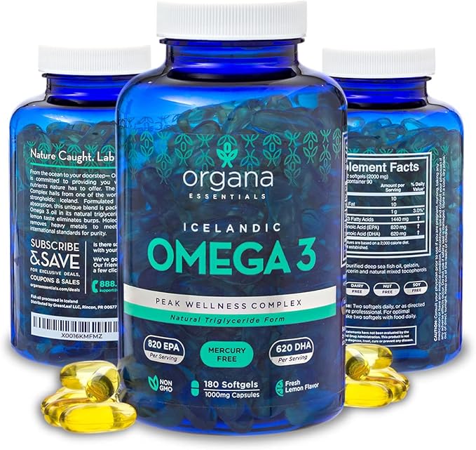Omega 3 Fish Oil 2,000 mg - High EPA 820 mg + DHA 620 mg - 180 Triple Strength Burpless Lemon Flavored Softgels