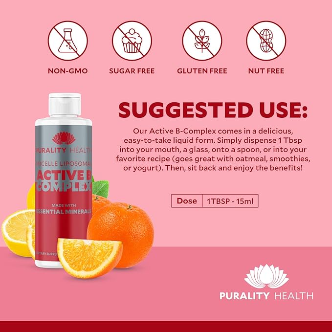Vitamin B Complex Liquid Supplement, Purality Health, Liposomal Enhanced Absorption, B1, B2, B3, B5, B6, B12 & Biotin + Essential Minerals, 15 Day Supply