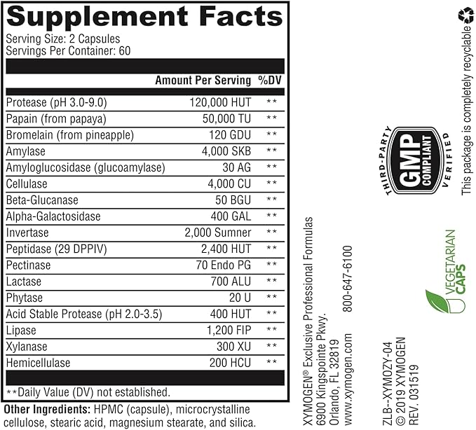 XYMOGEN XymoZyme - Vegan, Multi-Enzyme Digestive Supplement - Plant-Based Digestive Enzymes for Women & Men - Support Gut Health + Nutrient Absorption - Breakdown Lactose, Beans & More (120 Capsules)